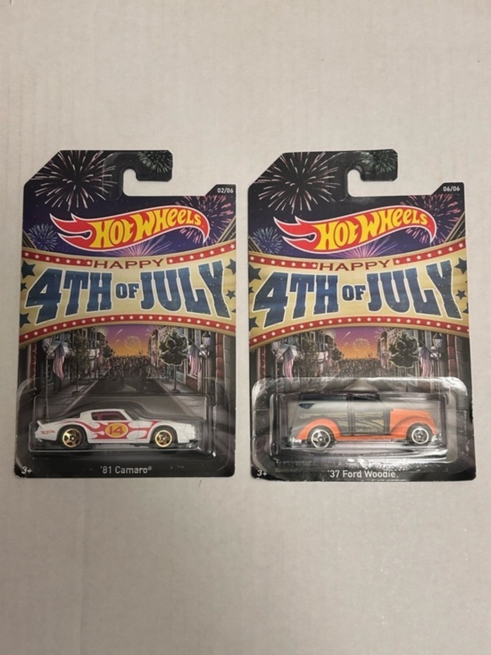 Hot Wheels Happy 4th of July Set of 2, ‘81 Camaro, ‘37 Ford Woodie